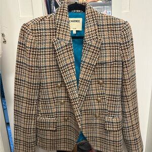 L'AGENCE Women's Houndstooth Double-Breasted Blazer - Beige & Blue EUC
